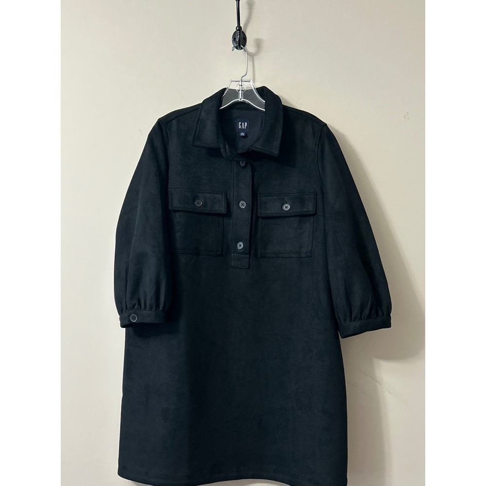 Gap Womens Black Faux Suede Utility Shift Dress Size M Petite Long Sleeve Pocket